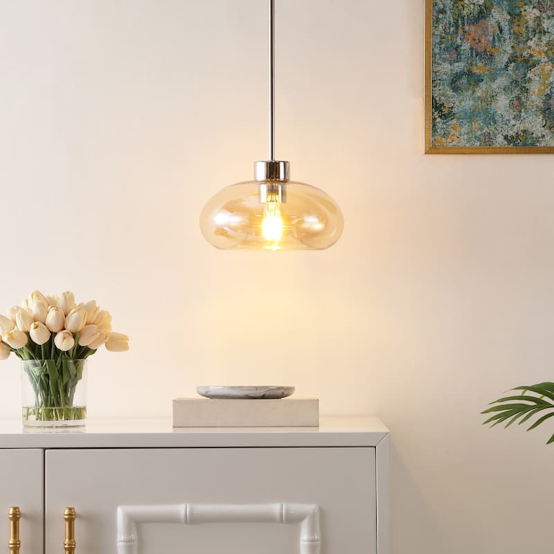 SAFAVIEH Lighting Berivan Glass Shade Pendant - 11 In. W x 11 In. D x 15-45 In. H - Amber/Nickel - 11Wx11Dx45H