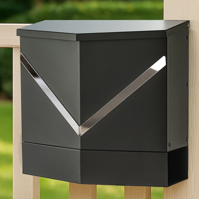 Modern Outdoor Black Metal Secure Locking Wall-Mount Mailbox With Stainless Steel V-Shape Futuristic Design For Home or Office