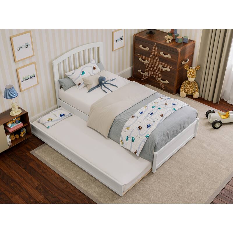 Twin Platform Bed with Trundle - White Mission Style Bed Frame & USB Charger