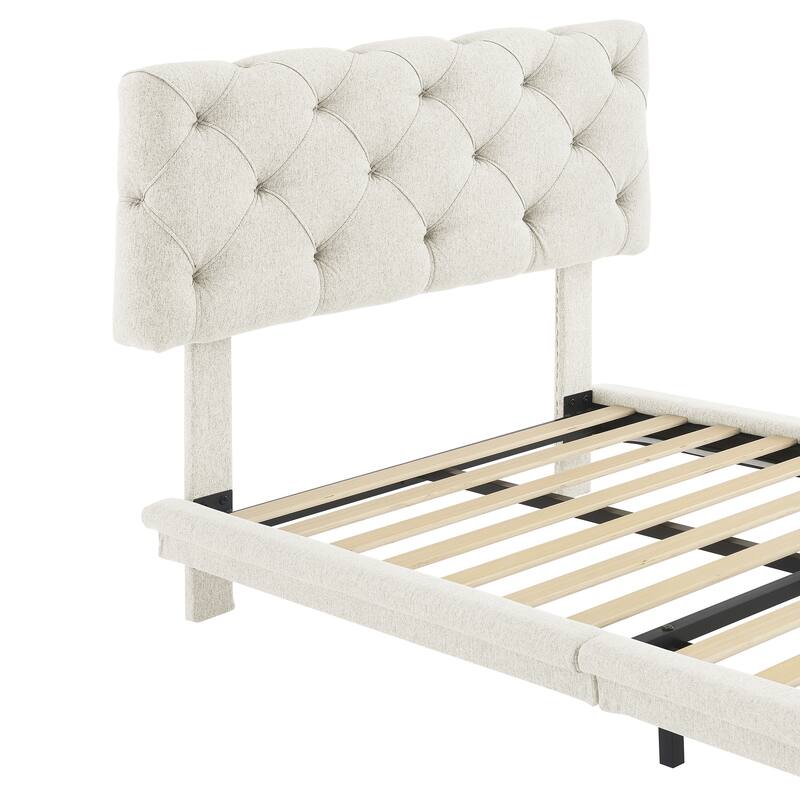 Roomfitters Twin Size Upholstered Bed with Light Stripe, Floating Platform Bed, Linen Fabric