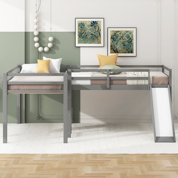 slide 2 of 13, Twin Size Loft Bed with Ladder and Slide, L-shaped Frame Bed Low Loft Wood Bed with Play Space Underneath for Kids Gray - Twin