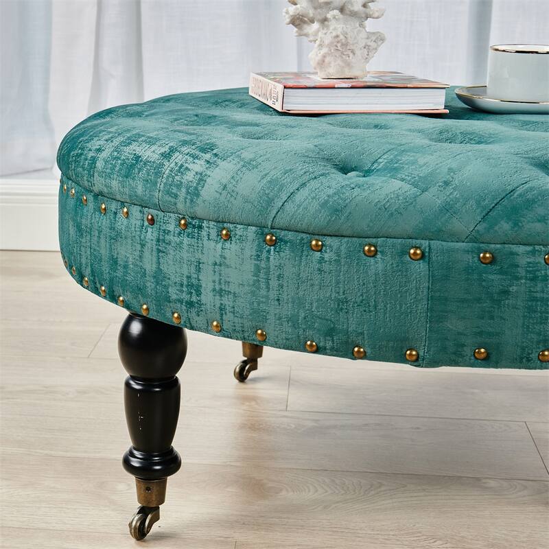 Round Velvet Tufted Coffee Table Ottoman, 34" x 34" x 17" H