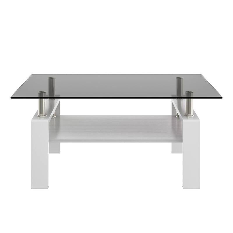 Rectangle Coffee Table, Tempered Glass Tabletop with MDF Layer, Modern Table for Living Room, Gray Glass