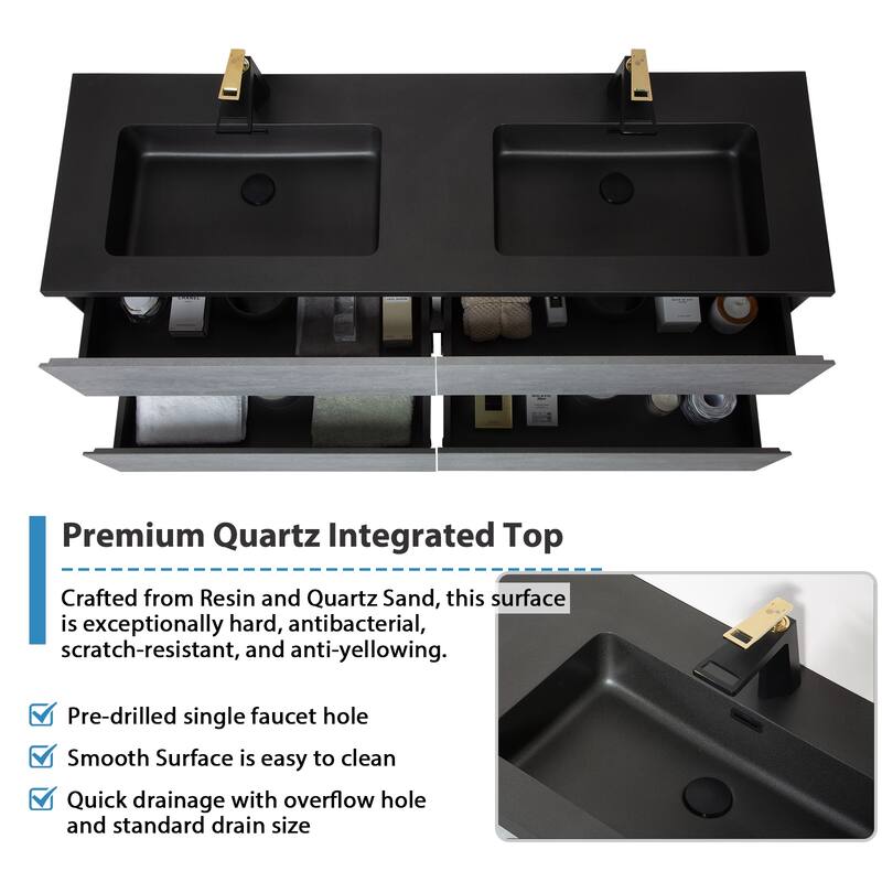 RupheonD 60" Cement Grey Bathroom Vanity with Black Quartz Top - 60 in. Vanity