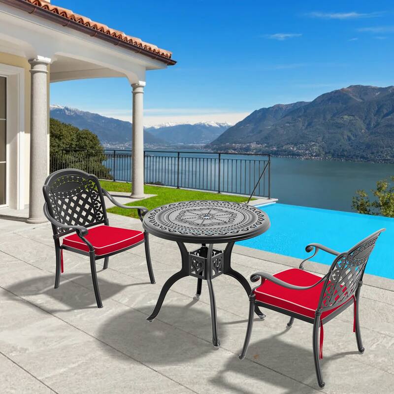 3/5-Piece Cast Aluminum Outdoor Dining Set with 31.5 in. Round Table and Seat Cushions - Black( 3-Piece Sets-B)