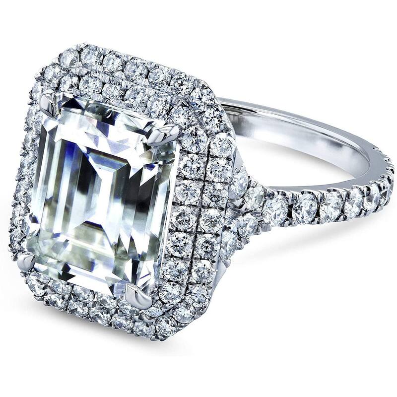 Annello by Kobelli 14K Gold Large Emerald Double Halo Forever One Moissanite and Diamond Ring(DEF/VS, GH/I)