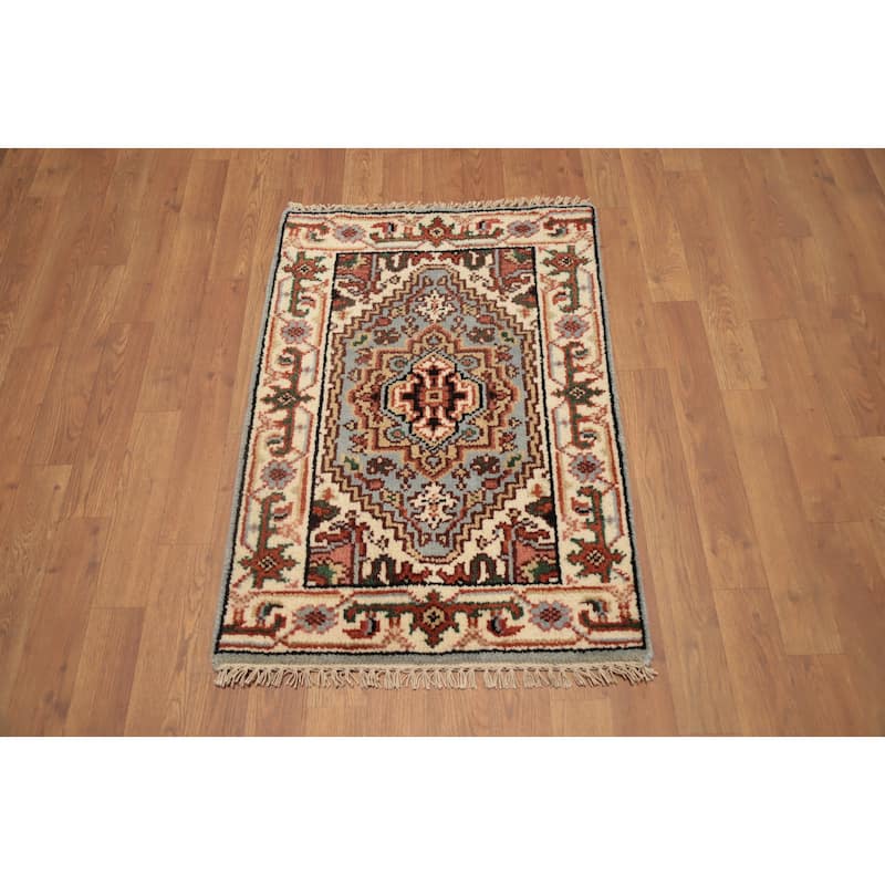 Hand Knotted Oriental 100% Wool Carpet Traditional Medallion Navy Blue & Blues Heriz (serapi) Area Rug - 3' 0'' X 2' 0''