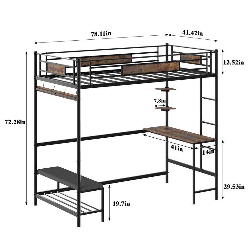 Roomfitters Twin Loft Bed Frame with L-Shaped Desk, 3-in-1 Coat Rack & Charging Station, Metal Storage Bunk, No Box Spring - Brown