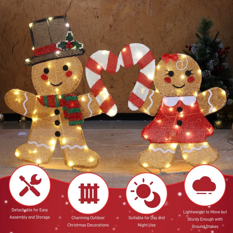 Set of 2 Lighted Gingerbread Man and Candy Cane Christmas Decorations - BROWN