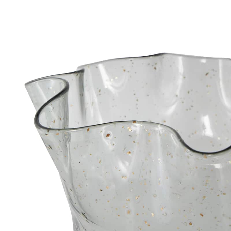 Black Glass Tulip Inspired Wide Floral Vase with Wavy Opening and Gold Speckles