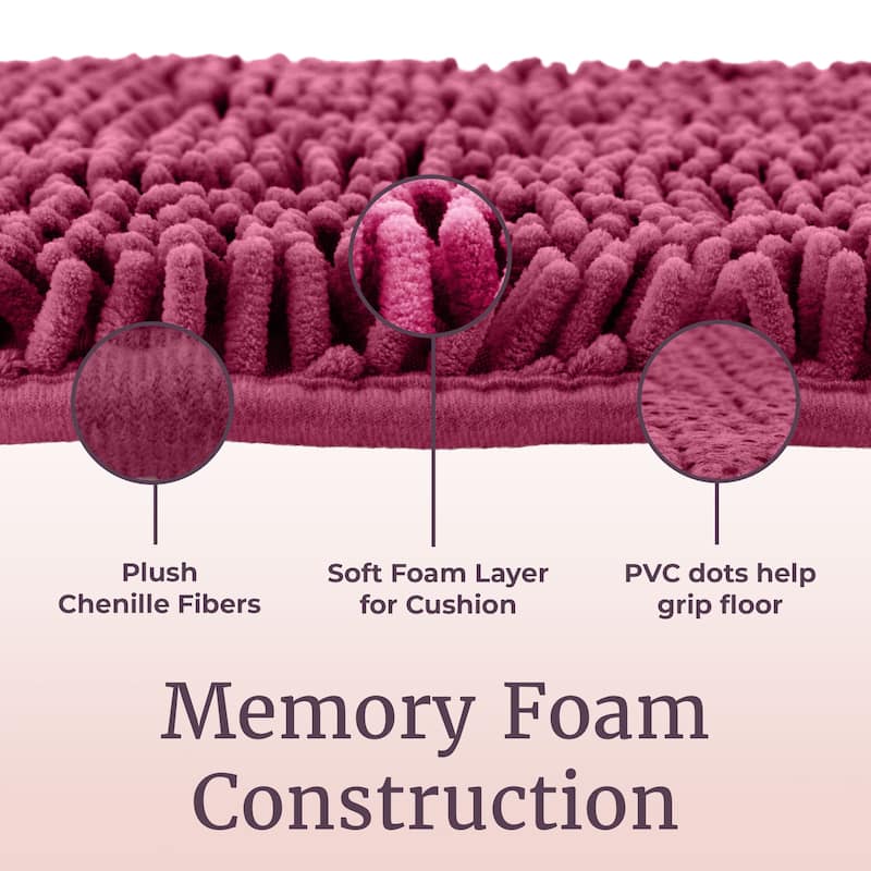 Bathroom Rugs - 2-Piece Memory Foam Bathroom Set with Chenille Shag Top and Non-Slip Base by Windsor Home