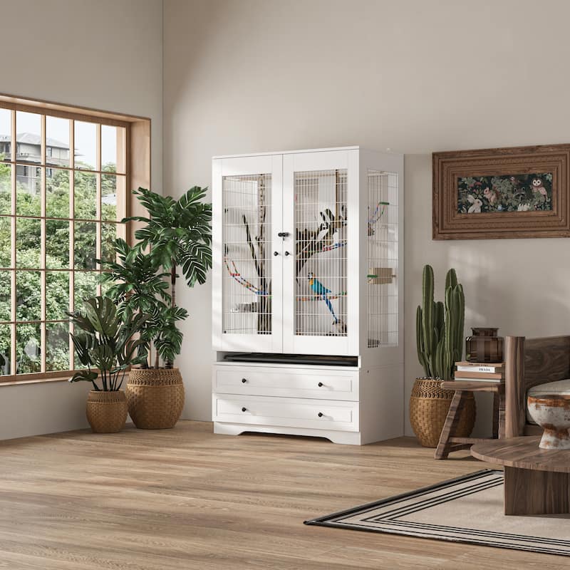 Spacious Indoor Bird Cage Cabinet with Drawers Large Parrot Habitat Bird Cage Furniture - 38.5”x63"