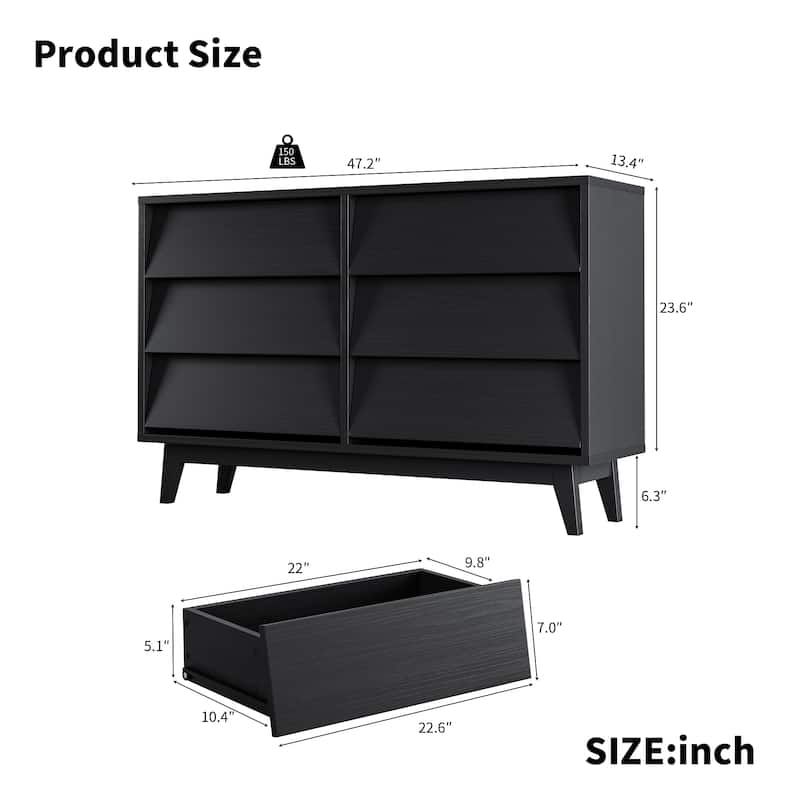 47.3" Wide Vintage Style 6 Drawer Dresser,Wood Dressers & Chest of Drawers,Wood Grain Finish
