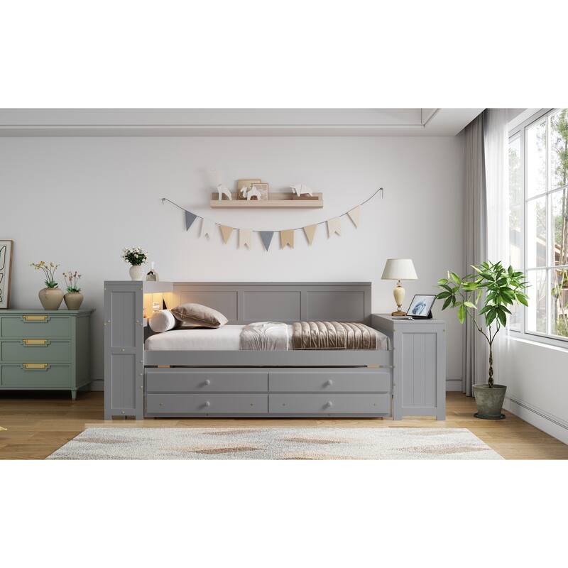 Roomfitters Full Daybed with Trundle, Storage Shelves and Charging Station