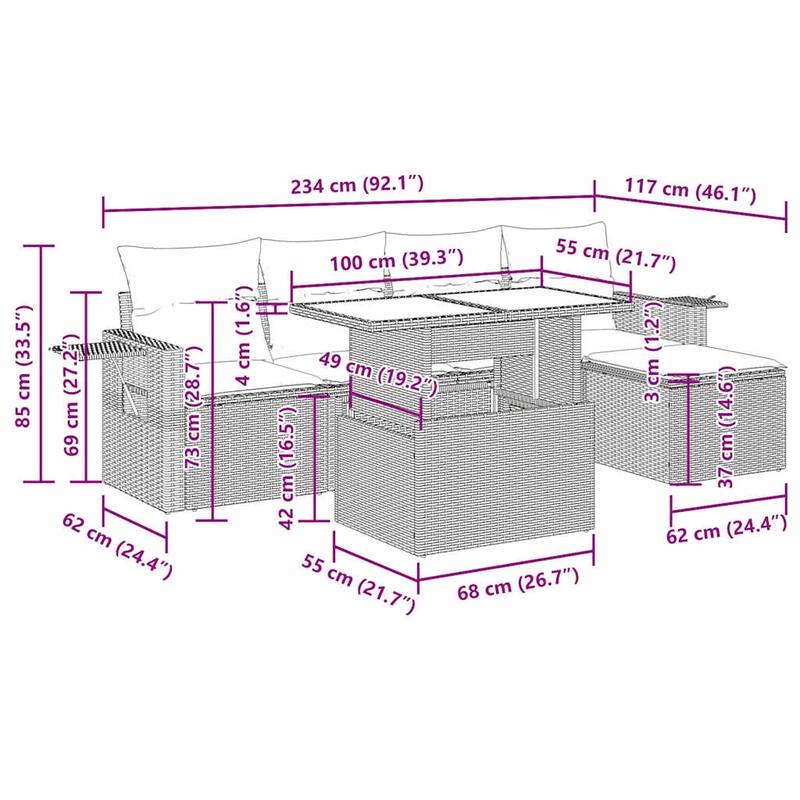 vidaXL Patio Sofa Set with Cushions Table and Couches 6 Piece Poly Rattan - 21.7 x 24.4 x 27.2