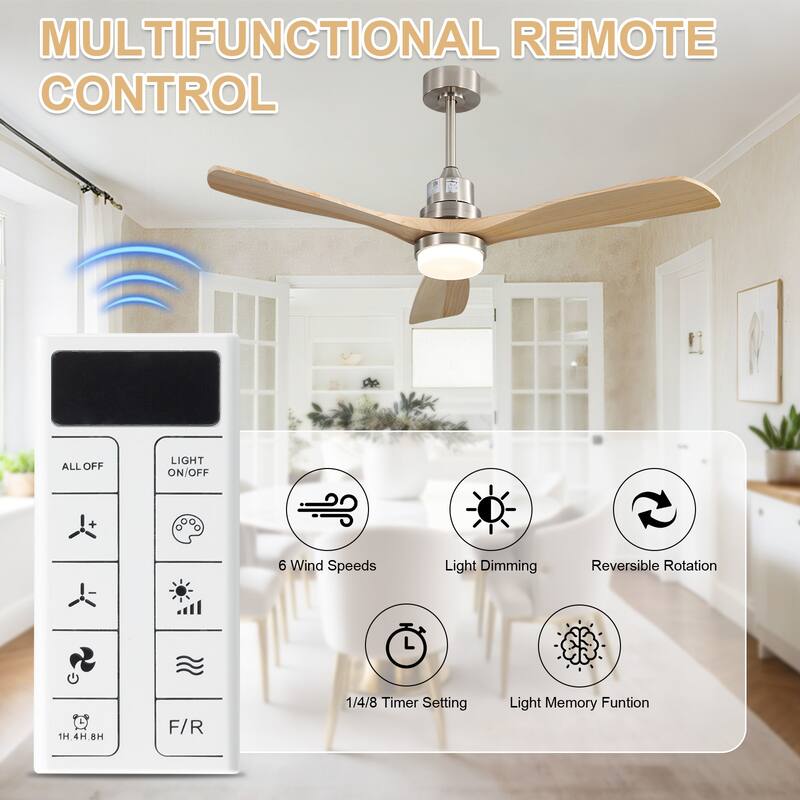 Sofucor 48/52 Inch Wood Ceiling Fan with Light and Remote/Smart App Voice Control, Dimmable Lights Included