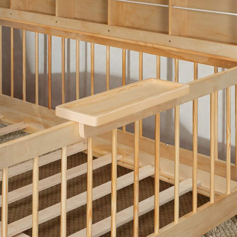 Full Size Kids House Bed with 2 Storage Drawers, Side Bookshelf with LED Strip, Guardrails and Charging Station