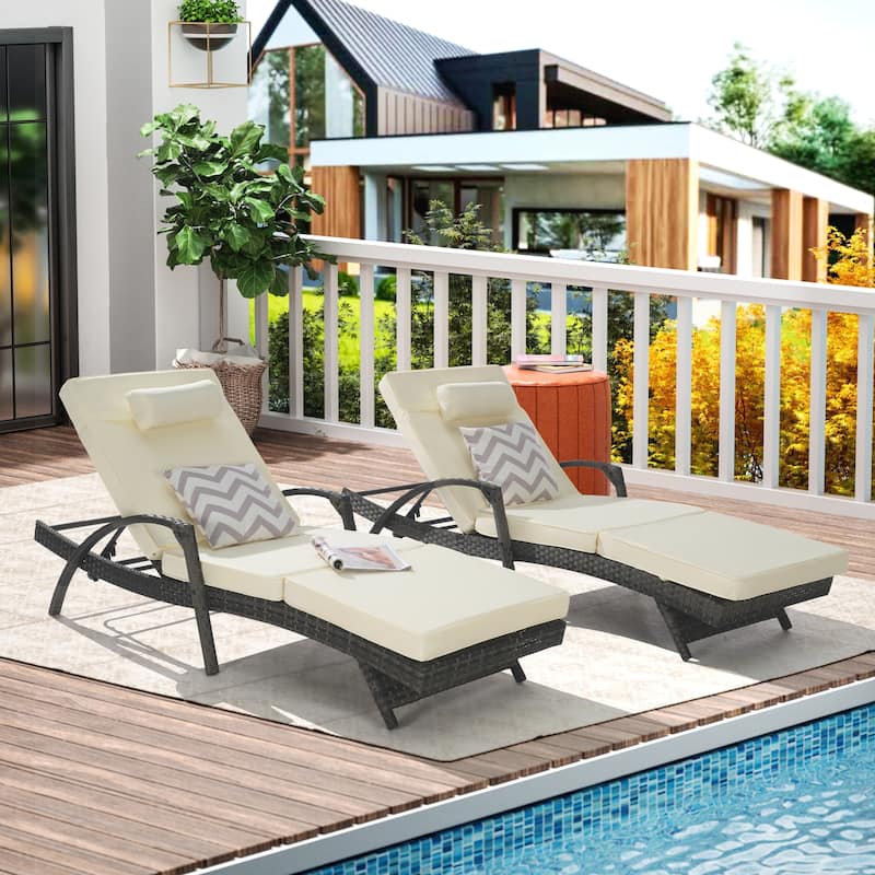 Outdoor Wicker Long Reclining Chair Set of 2 with Cushions - Beige