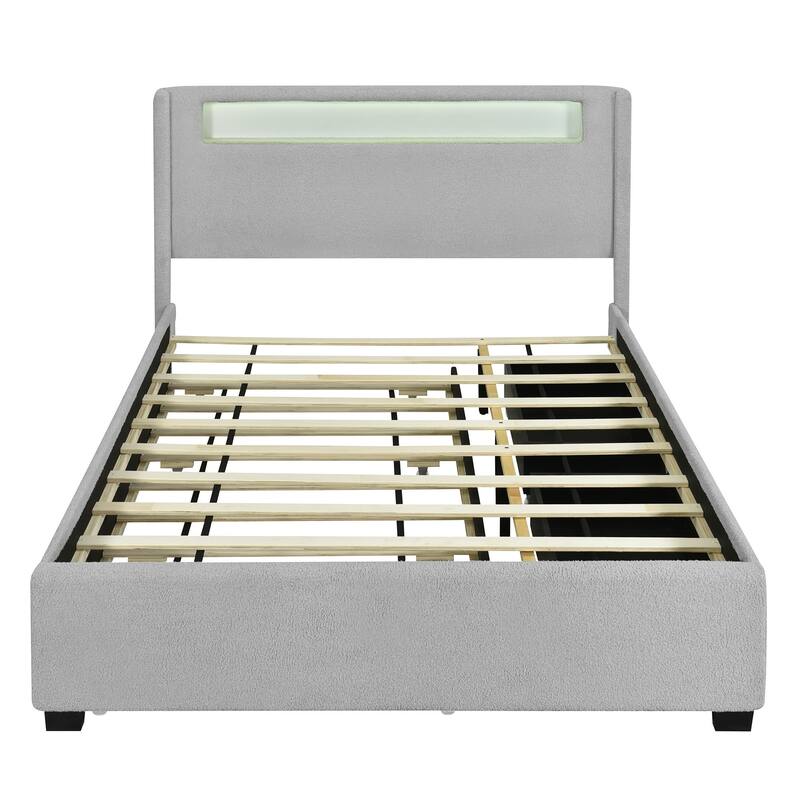 HomeRoots Light Gray Tufted Boucle Lighted Full Bed Frame With Trundle And USB And Drawers