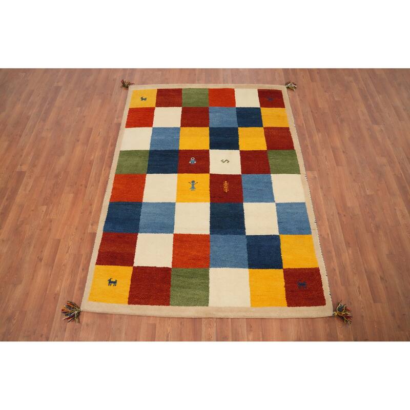 Hand Knotted Oriental 100% Wool Carpet Modern Geometric Multi-Colored Gabbeh Area Rug - 6' 7'' X 4' 9''