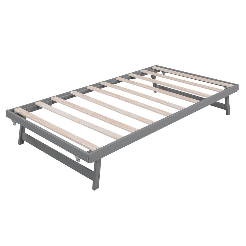 Adjustable Trundle Full Size Platform Bed - Pine Wood Frame with Stable Headboard, for Small Spaces or Guest Rooms