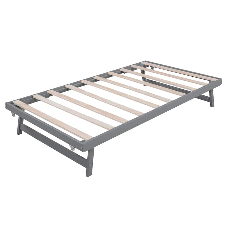 Gray Full Pine Platform Bed with Adjustable Trundle