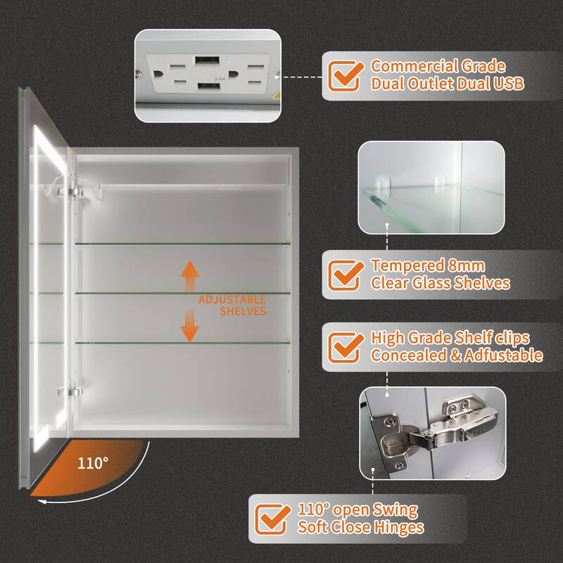 ExBrite 24" x 30" LED Lighted Bathroom Medicine Cabinet with Mirror,Recessed or Surface Mount,Defog