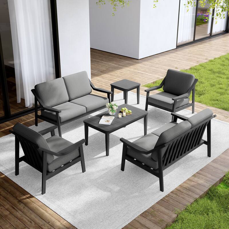 Outdoor Conversation 6 Seater Patio Chat Set with Cushions and Table - Dark Wood - Grey