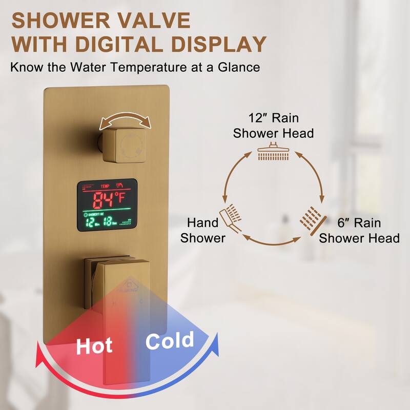 CASAINC Dual Heads 12 Inch Ceiling Mounted Square Shower Head Shower System with Handheld Shower Digital Display Shower