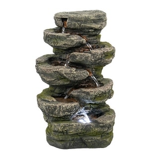 9x5x14" Indoor Gray Stone-Look Water Fountain, 7-tier Polyresin Cascading Rock Tabletop Fountain with LED Light
