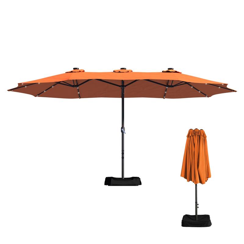 Clihome 15FT Double-Sided Solar Light Market Crank Umbrella with Base