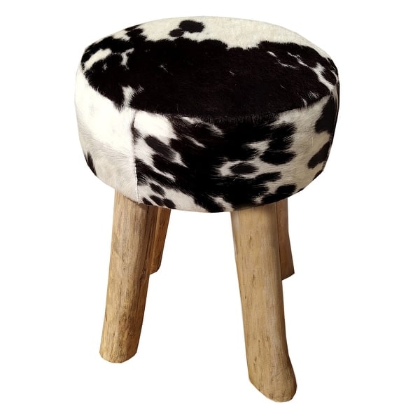 Round Stool INDY in Black & White Cow Hide with Rustic Wood Legs - Bed ...