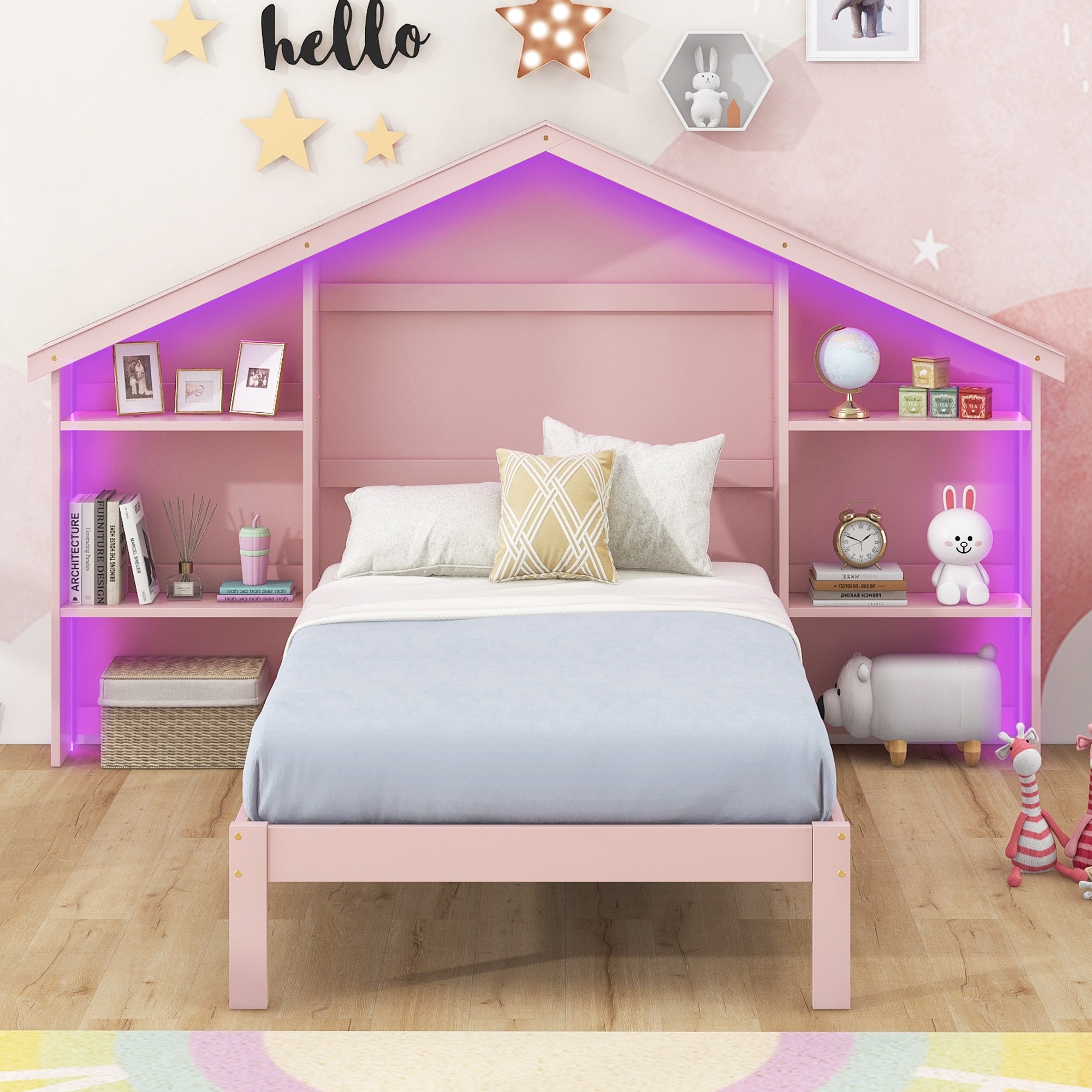 Wood Twin Size Platform Bed with House-shaped Storage Headboard & Built-in LED