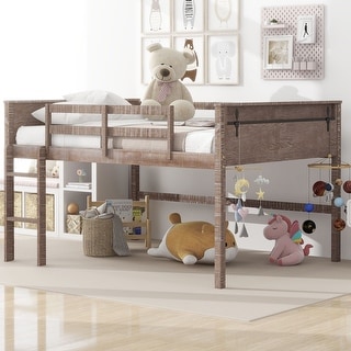 Natural Wood Full Size Loft Bed with Hanging Clothes Racks