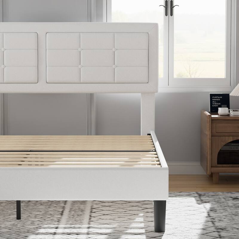 VECELO Bed Frame with Adjustable Headboard Upholstered Button Tufted Platform Bedframe with Wood Slats Support