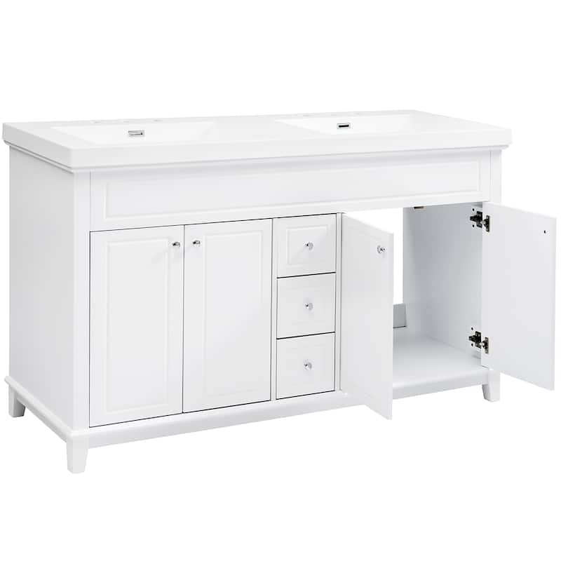 60" Bathroom Vanity-Classic-Wood Legs-Resin Double Sinks with Soft-Close Drawers & Doors.