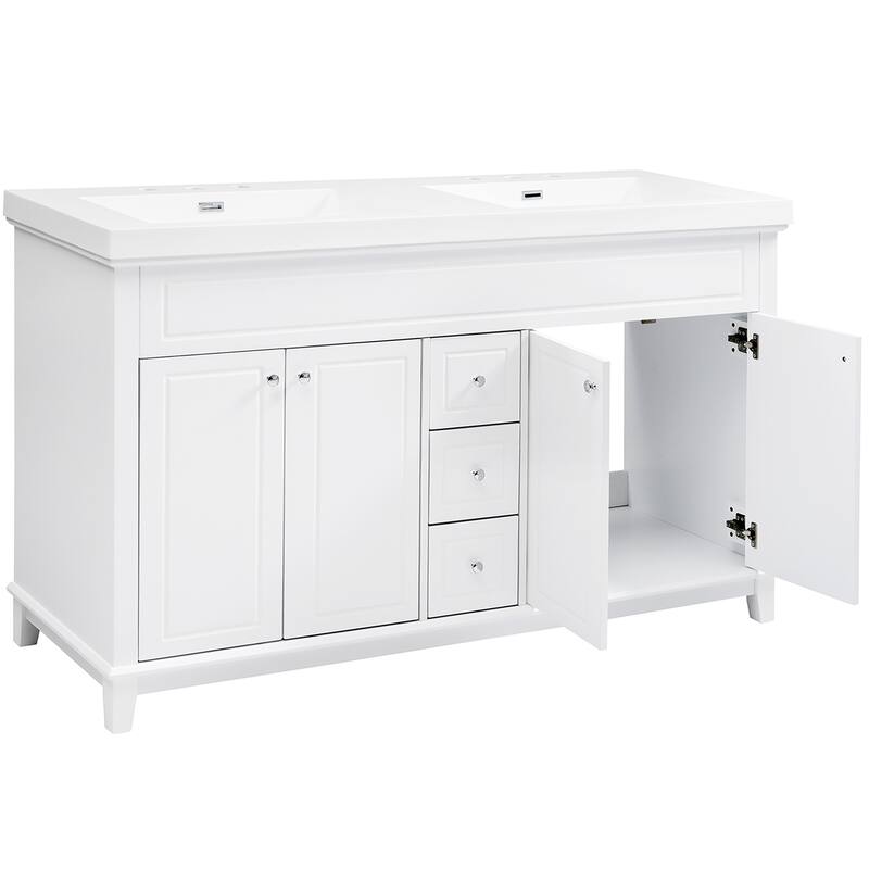 Roomfitters 60" Double Bathroom Vanity with Integrated Resin Double Sinks, 3 Drawers and 4 Doors with Shelving, White