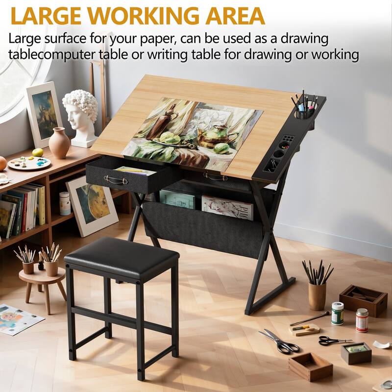 VECELO Drafting Table Set with Stool Set of 2 Tilting Art Desk with Pencil Ledge Storage Drawers with X-Frame for Home Studio