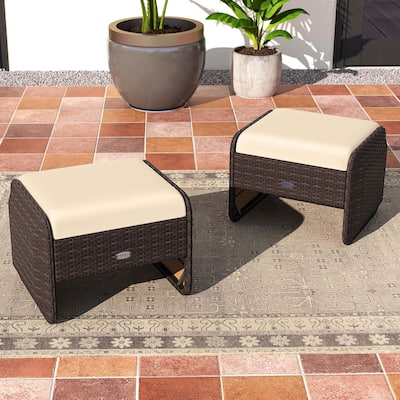 Patio 2 PCS Rattan Footstools Outdoor Ottomans w/ Removable Cushions