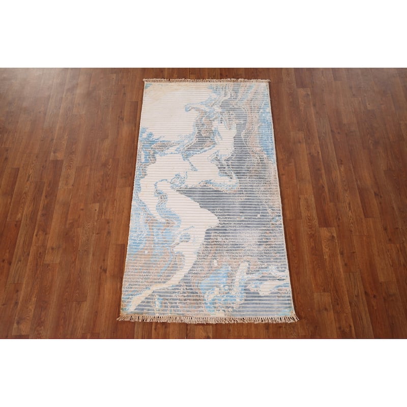 Striped Abstract Accent Rug Handmade Wool Carpet - 2'9" x 5'0"