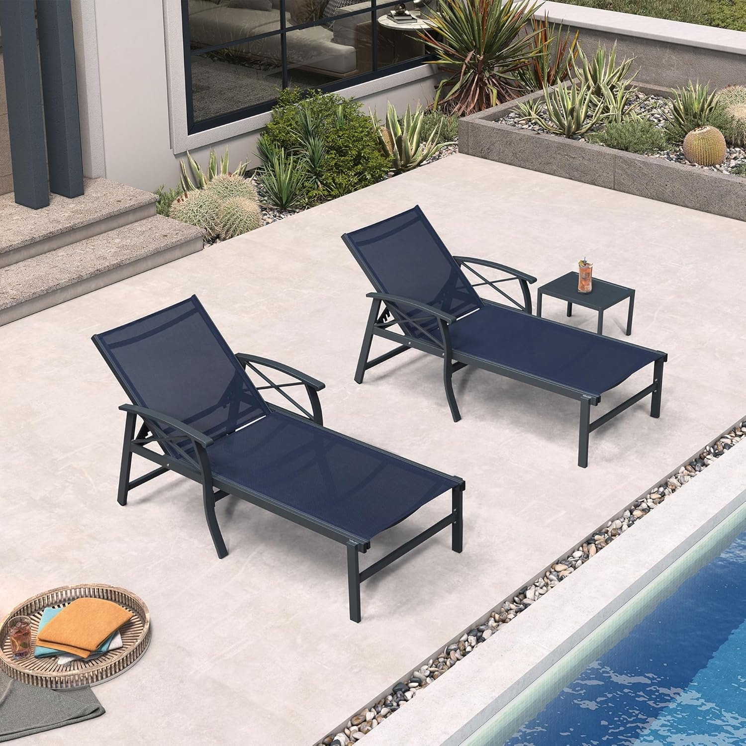 PURPLE LEAF 2 Pack Oversized Chaise Lounge Chairs, Aluminum Patio Recliner with Armrests & Side Table