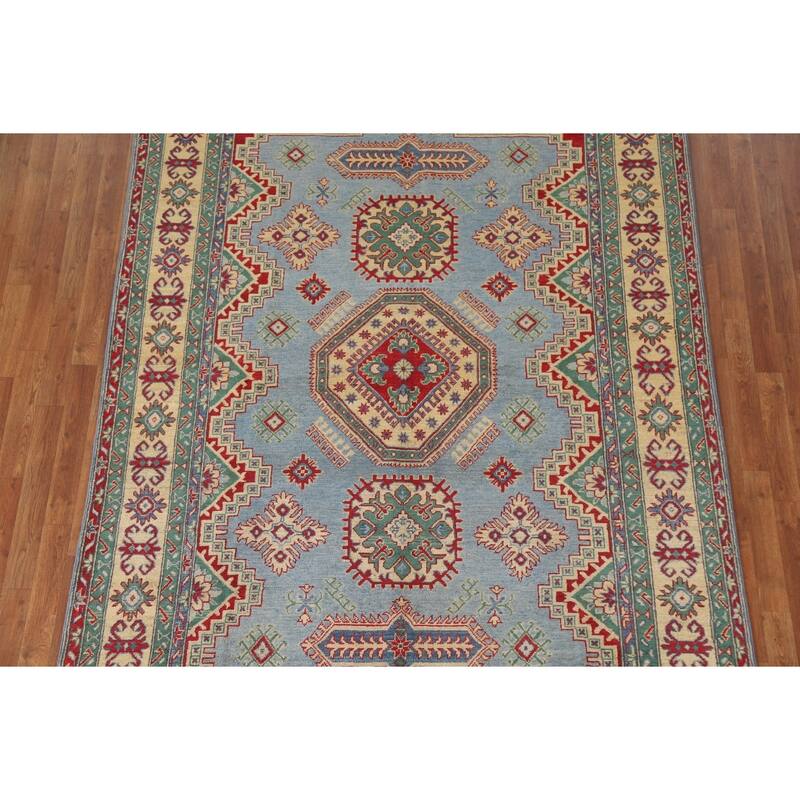Hand Knotted Oriental 100% Wool Carpet Traditional Geometric Navy Blue & Blues Kazak Area Rug - 9' 9'' X 6' 6''