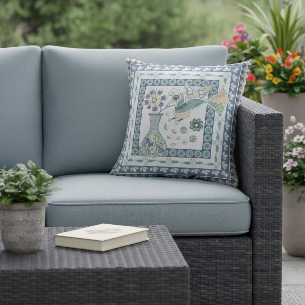 HomeRoots 26" x 26" Blue and White Bird Blown Seam Floral Indoor Outdoor Throw Pillow - 26.00' X '5.00' X '26.00