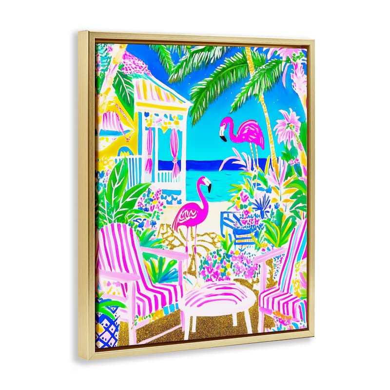 Stupell Vivid Flamingos on Tropical Beach Framed Floater Canvas Wall Art Design By Jess Stempel