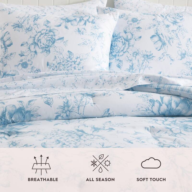 Laura Ashley Delphine Floral Reversible with Stripe Reverse Comforter Set with Sheets (Blue)