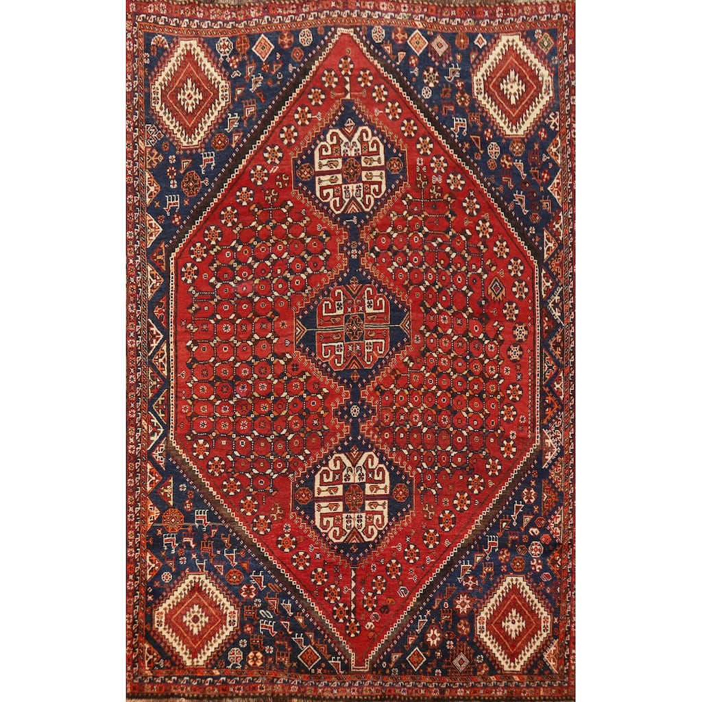 Hand Knotted Oriental 100% Wool Carpet Traditional Geometric Red Shiraz Area Rug - 8' 7'' X 5' 8''