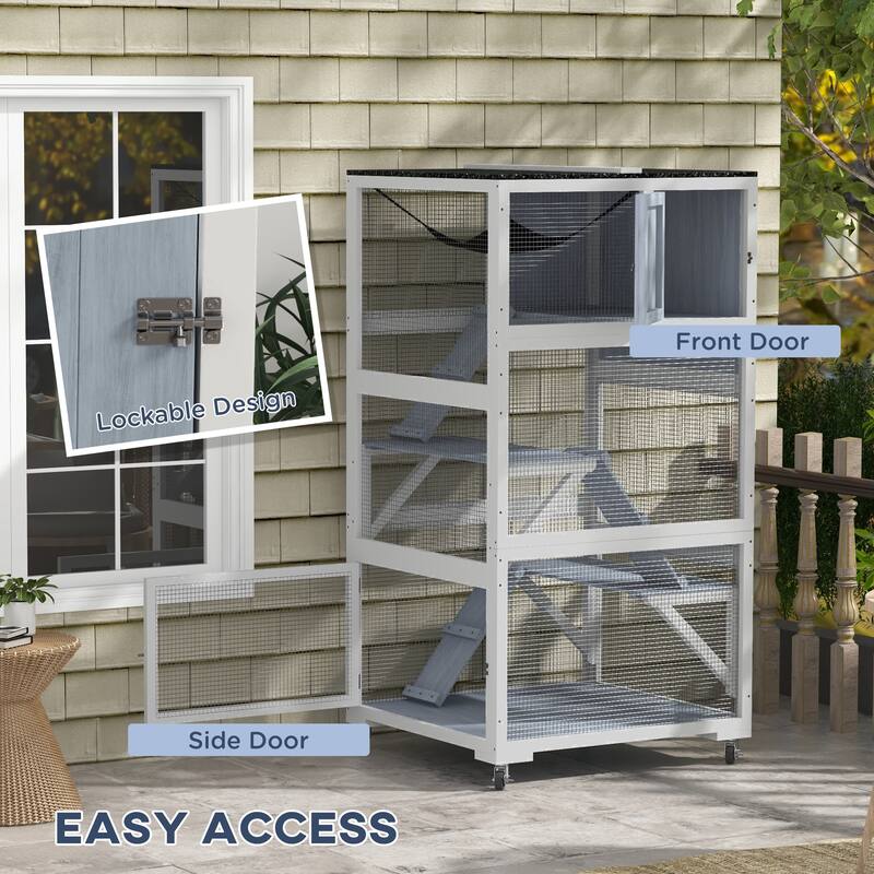 PawHut Catio, Outdoor Cat Enclosure House, Wooden Feral Cat Shelter on Wheels, Cat Cage with Hammock, Platforms Ramps
