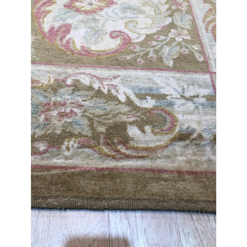 Beige Handwoven Wool Transitional Rug 9'2 x 11'5 - Hand Knotted Spun Wool Surged Edge Elegant Design - N/A