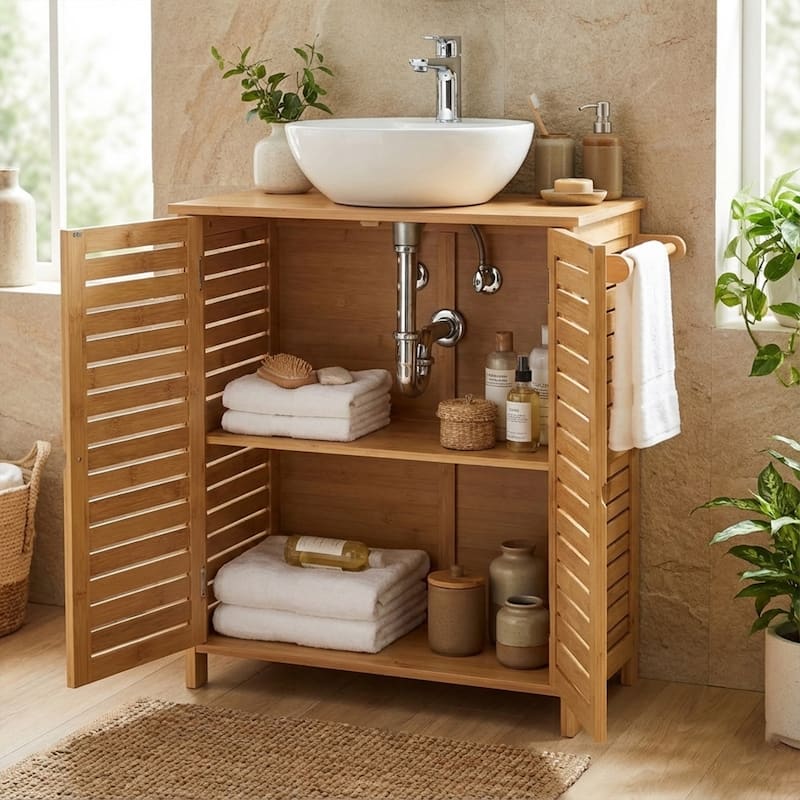 Natural Under Sink Cabinet with U-Shaped Cut-Out, Double Vented Doors, Towel Holder - Trinidad Collection