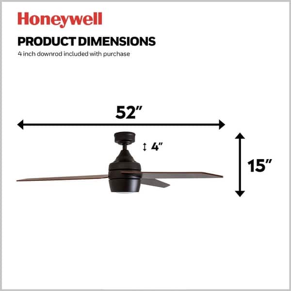 dimension image slide 1 of 2, 52" Honeywell Eamon Bronze Modern Indoor LED Ceiling Fan with Light, Remote Control